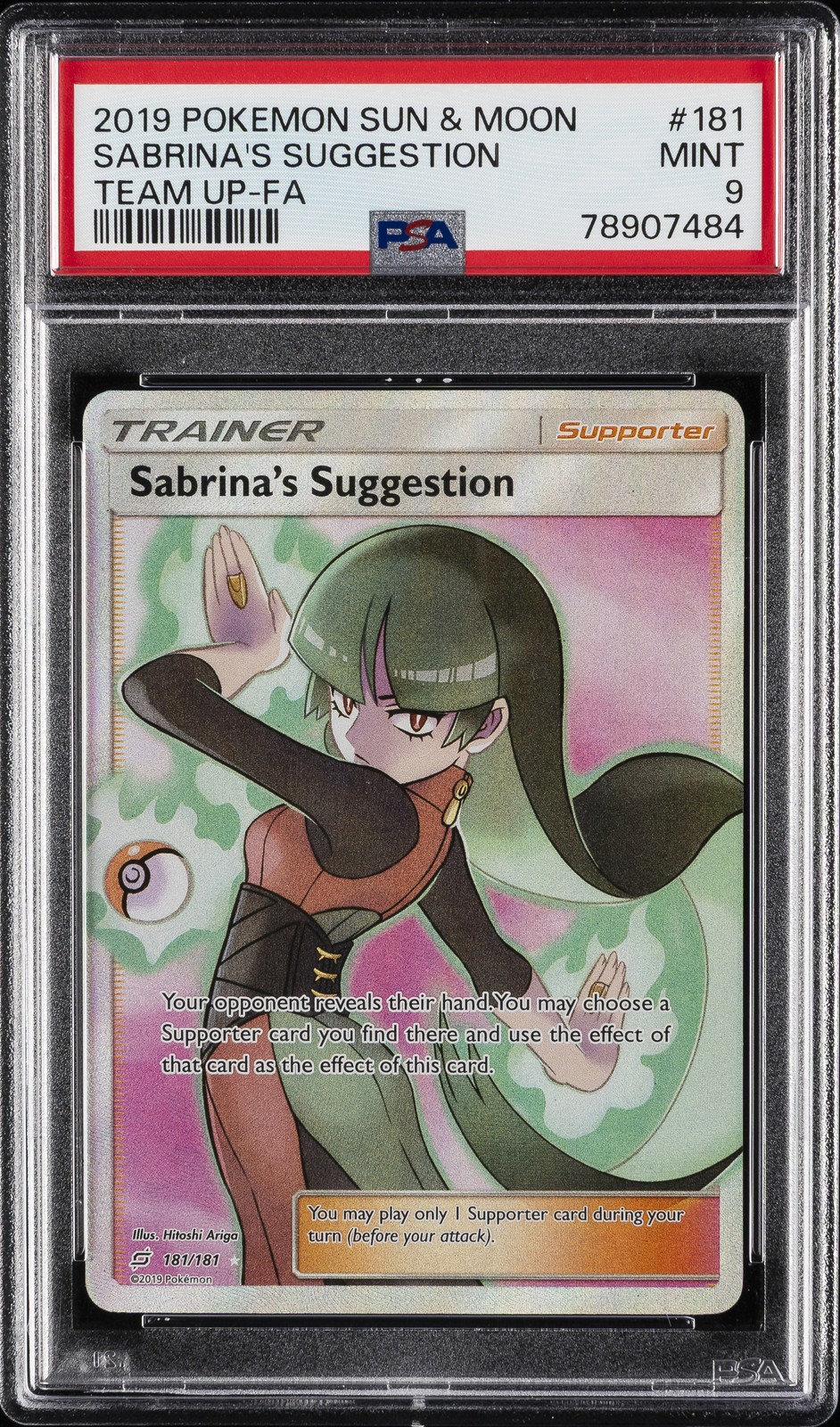 2019 POKEMON SUN & MOON TEAM UP #181 FULL ART/SABRINA'S SUGGESTION PSA 9