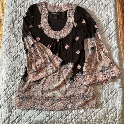 INC International Concepts Womens Top S Black Purple Paisley Bell Sleeve Tunic