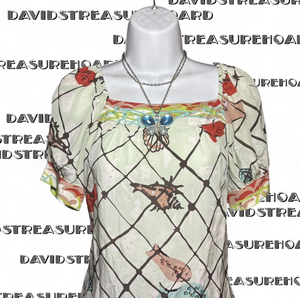 Blusa de seda Nanette Lepore verde y rosa con cinturón Fairy Y2K para mujer talla S/M Foto 3 de 4