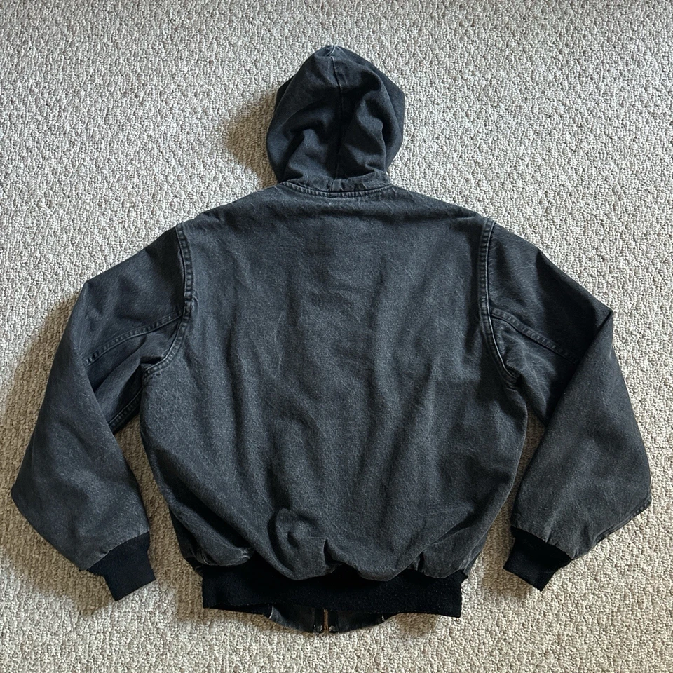 Винтажная черная джинсовая куртка с капюшоном 80-х Carhartt с клетчатой фланелевой подкладкой размер S - Изображение 2 из 4