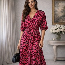 JR Too John Richard Vintage Hot Pink Black Abstract Floral Midi Dress Sz 10