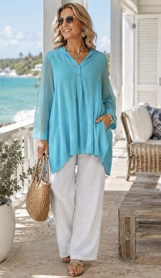 Soft Surroundings Silk Sheer Sleeve Hooded Tunic Coastal Resort Upscale Boho