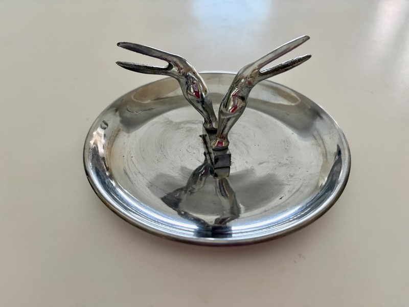 Chrome Round  Art Deco Ashtray  with 2 Toucan Birds, 5 3/4" Diameter / Hamilton