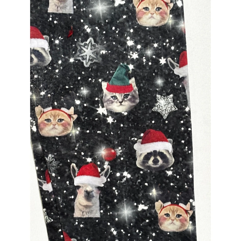 Christmas Winter Santa Cats Funny Fleece lined leggings Holiday Soft sz L/XL hip - Image 2 of 4
