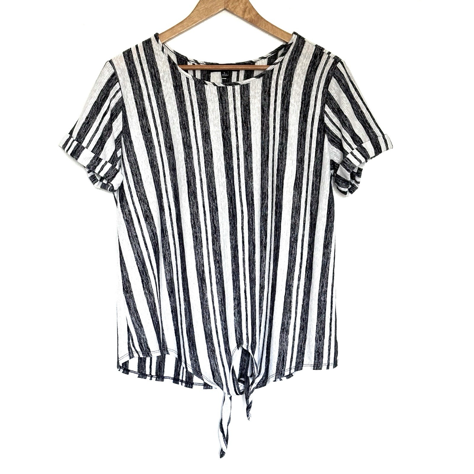 Kim & Cami Shirt Women’s Large Striped Short Sleeve Bottom Tie Blouse Top