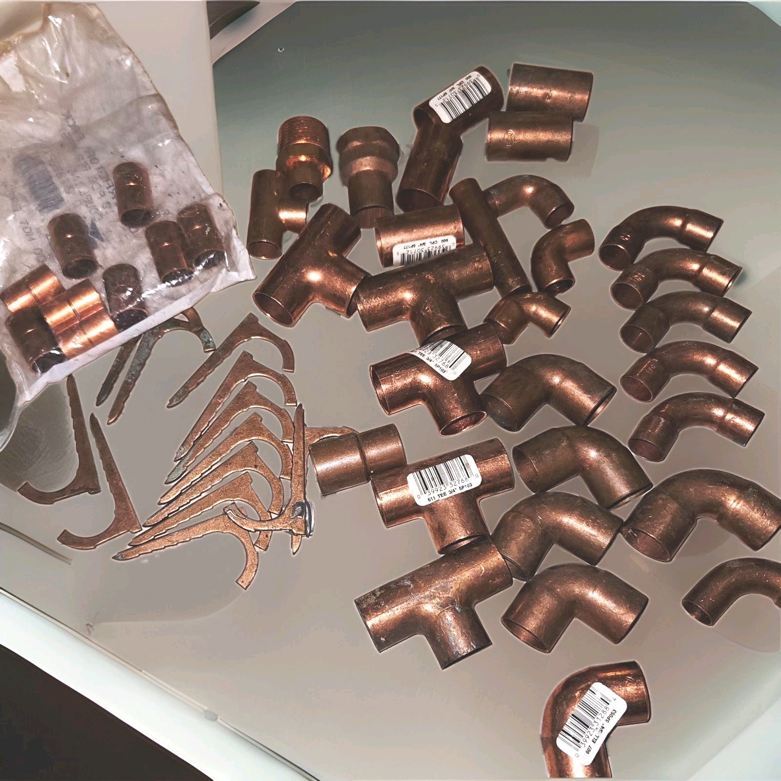 50 Pc Assorted Copper Plumbing Fittings Lot - Elbows Tees Couplings Adapters
