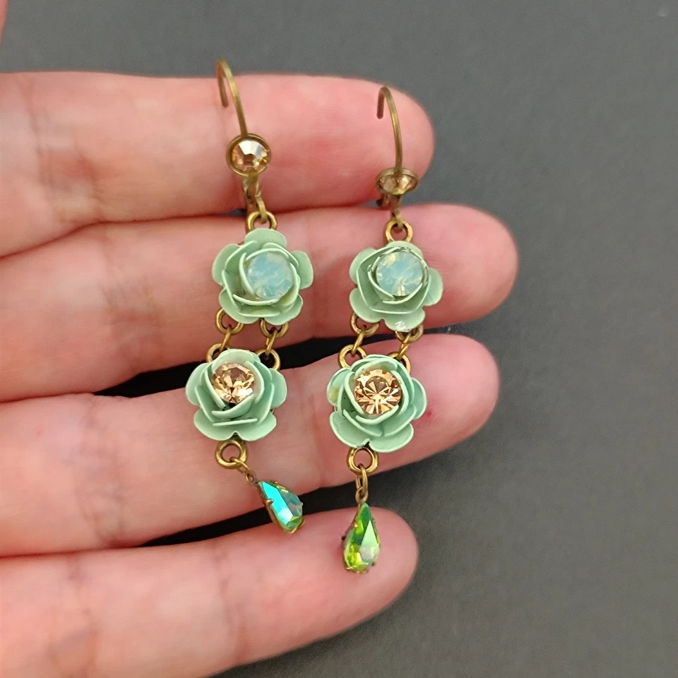 Pendientes Michal Negrin Vintage Rosa Pastel Amarillo Cristal Romántico Rosas Florales Foto 2 de 4