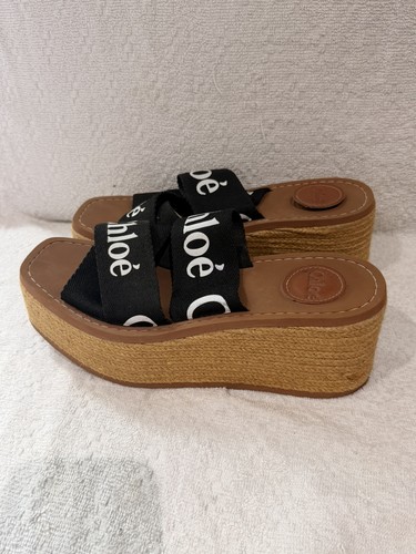 Chloe Woody Size 38 Black Canvas Wedge Espadrille Sandals