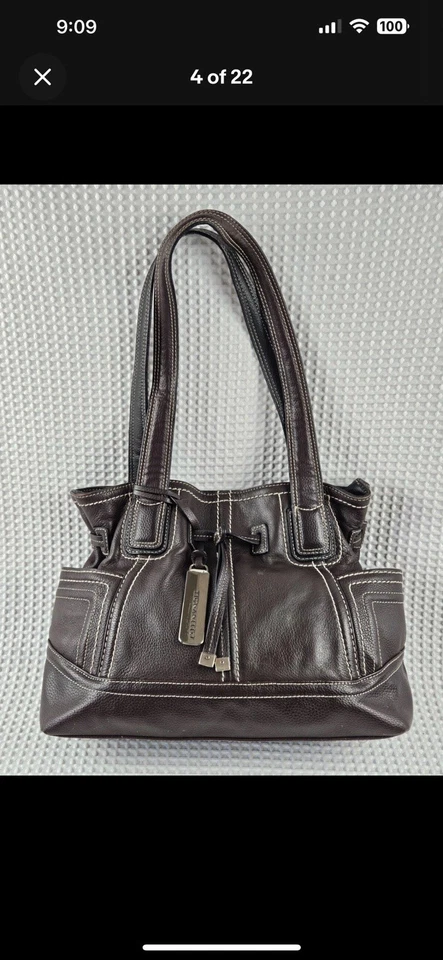 Bolsa de ombro de couro marrom Tignanello com costura de contraste branco ~ Muito bom estado usado - Imagem 4 de 4