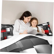  Teens Grid Square Comforter Set Size,Red White Gray Bedding Queen Black Red