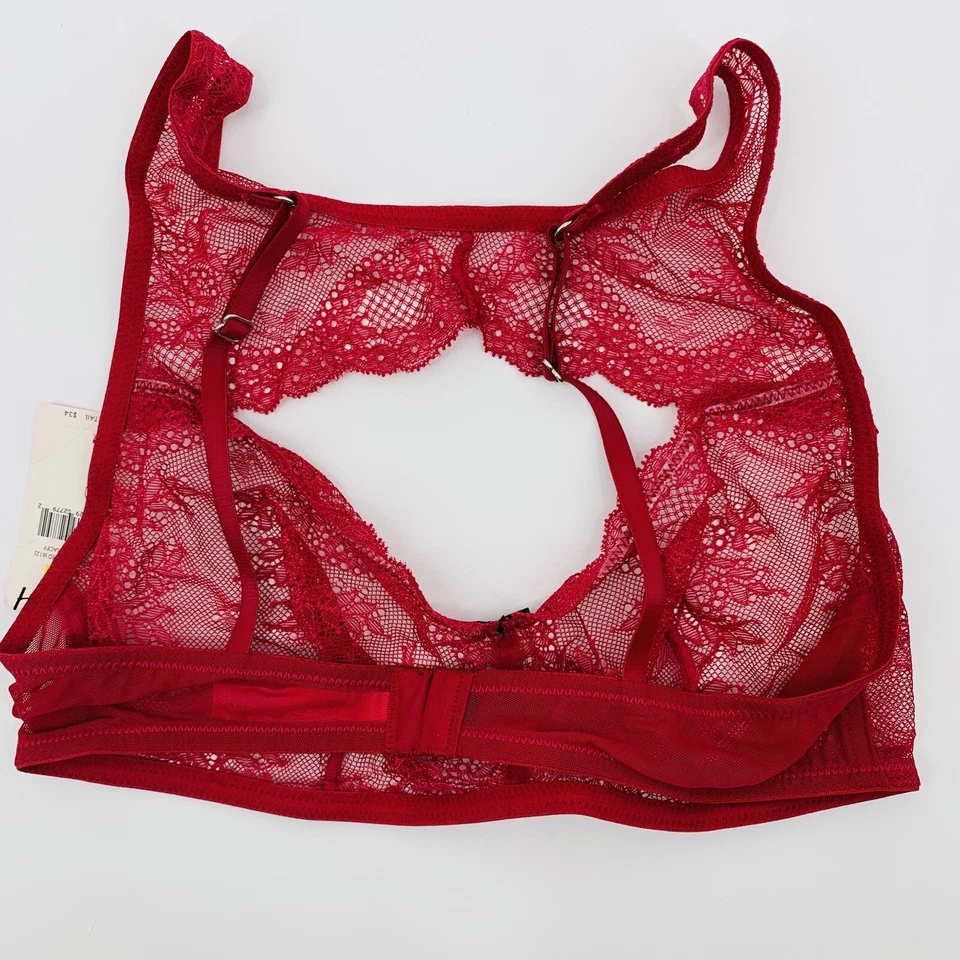 NUEVO CON ETIQUETAS Mujeres Betsey Johnson Sujetador Recortado Encaje Glamour Sin Alambres Rojo M 3808 Bralette WF Foto 4 de 4