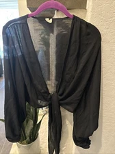 Sheer Cropped Blouse Wrap Women's SZ Small Black Long Poof Sleeves From Boutique