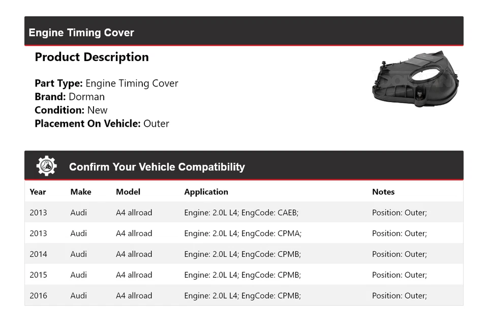 适用于 2013 - 2016 奥迪 A4 Allroad 2.0L L4 Dorman 发动机定时盖 2014 年外 — 第 2/4 张图片