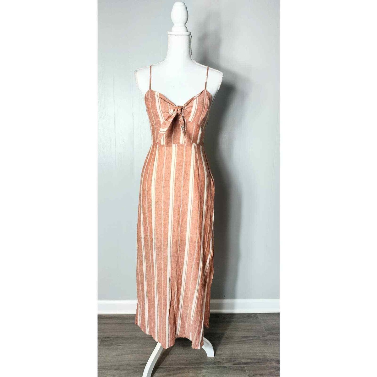 chinese dress ladies Tangerine Halter Knot Tie Linen Blend Midi Dress