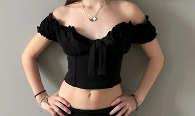 Edge Street Rüschenbesatz Schulterfrei Tie Front Milkmaid Crop Top Schwarz Gr 12