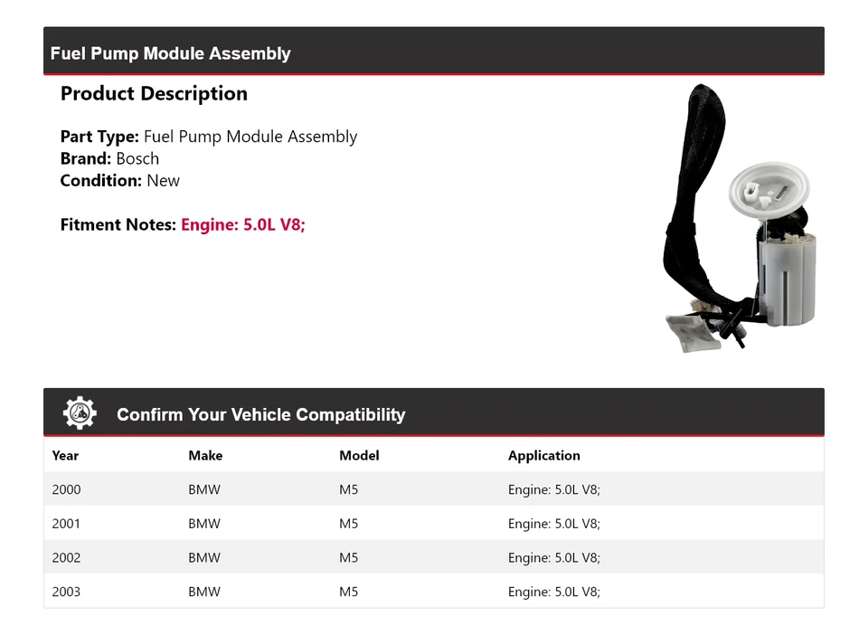 Conjunto de módulo de bomba de combustible Bosch para BMW M5 2000-2003 5,0 L V8 2001 2002 Foto 2 de 4