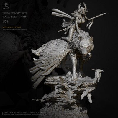 1-24-scale-resin-model-figure-women-on-a-wolf-with-wings-unassembled