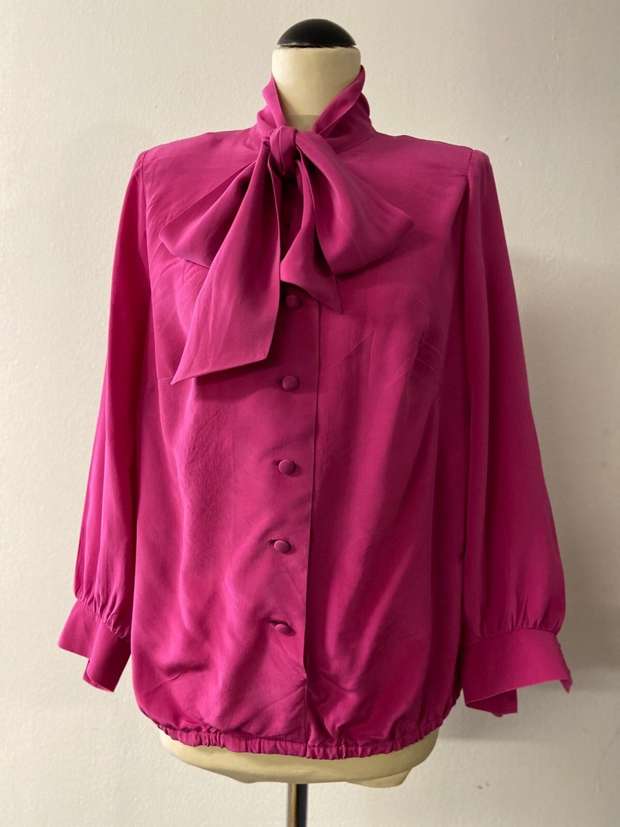 Vintage 80's Pussy Bow Silk Blouse in Fuchsia | Women's Long