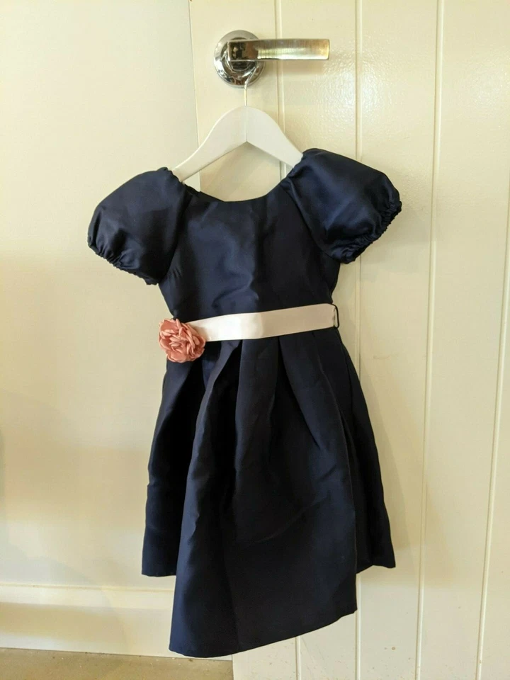 Monsoon Size 3 Puff Sleeve Round Neck Duchess Twill Navy Girls Dress - Image 4 of 4