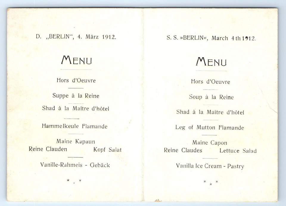 SS BERLIN (2) North German Lloyd Cruise Dinner Menu March 4, 1912 Measure 3x4.5" eBay