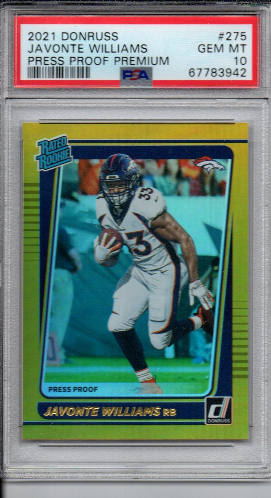 Javonte Williams 2021 Donruss Press Proof Premium Rookie Card #275 PSA 10 Mint
