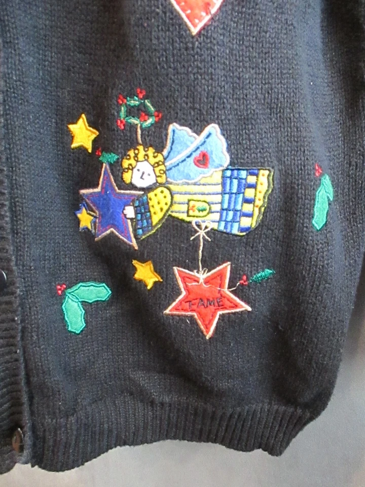 Quacker Factory Cardigan Sweater Women Medium Black Angels Holiday Embroidered  - Image 4 of 4