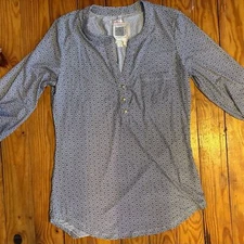 DNA Couture Blue Button Down Blouse Women’s M 3/4 Sleeve Geometric Print Top