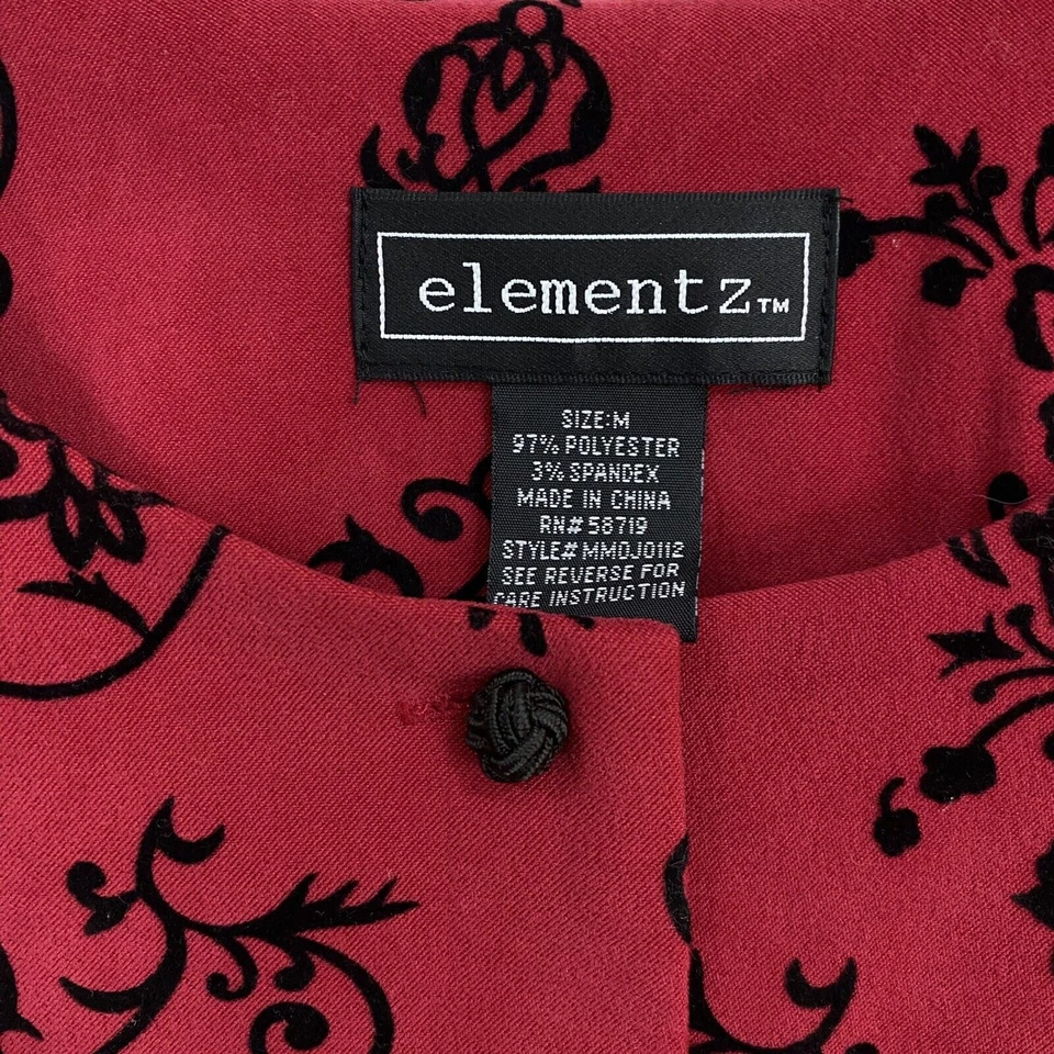 Elementz Womens Blazer Medium Red Black Button Up Stretch Floral Print Jacket - Image 4 of 4
