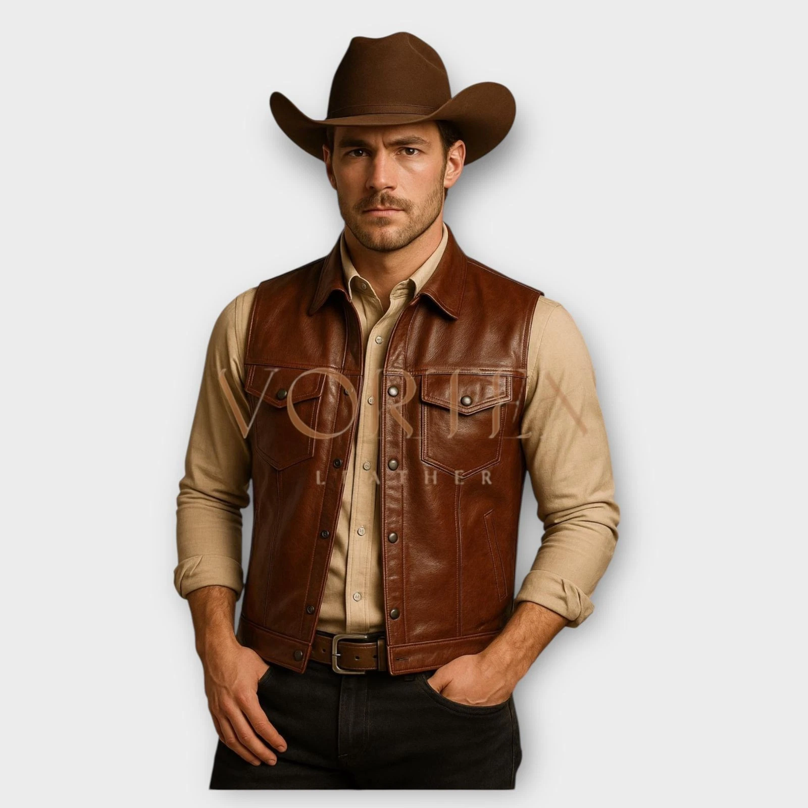 Men’s Brown Lambskin Leather Cowboy Vest – Handmade Western Biker Waistcoat