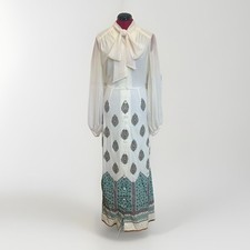 70s Vtg Retro Alfred Shaheen Ivory Floral Hawaiian Maxi Button Dress Long Sleeve