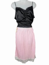 Pink Skirt Half Slip W/ Floral Embroidery Lace Trim Vintage 60s/70s Coquette L