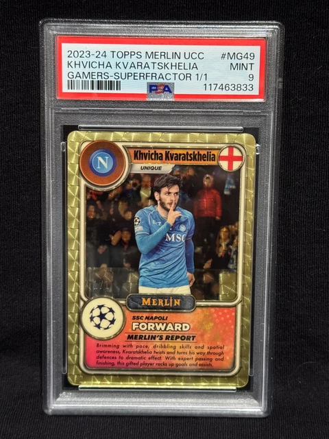 KHVICHA KVARATSKHELIA 2023-24 TOPPS MERLIN UCC GAMERS SUPERFRACTOR # 1/1 PSA 9