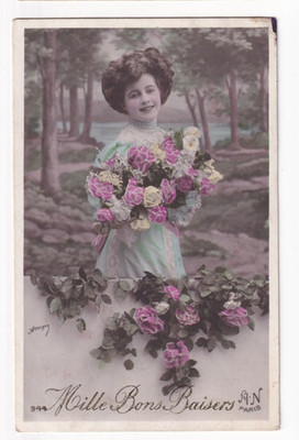 PHOTO POSTCARD THOUSAND KISSES 1900s France by A. Noyer, Woman Flowers Roses