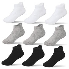 Boys Girls Ankle Socks: 9 Pairs Cotton Athletic 6-8 Years C02-black/White/Gray