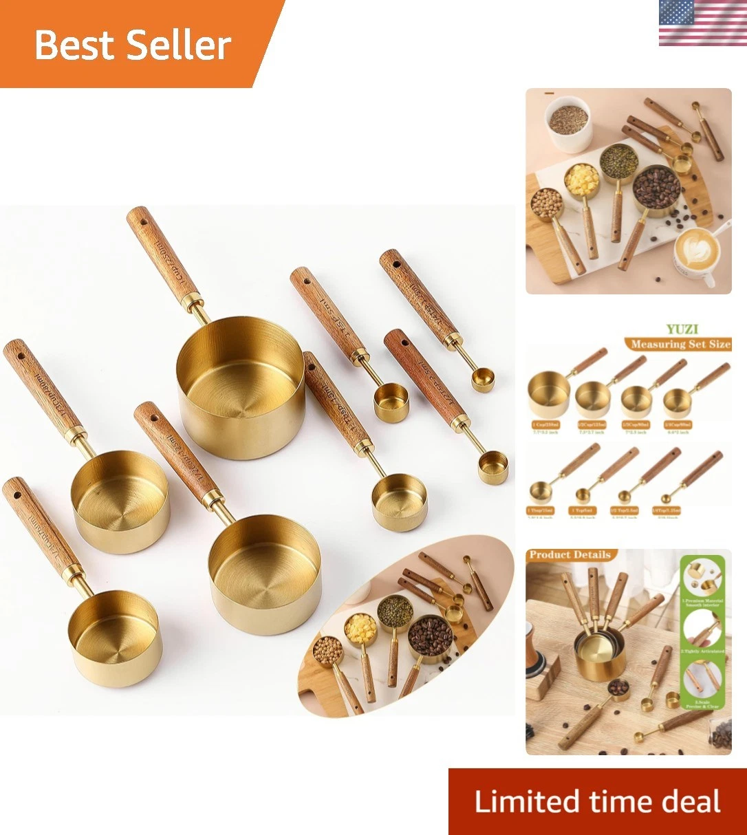 8Pcs Measuring Cups and Spoons Set - Golden Stainless Steel Measuring Cups wi...