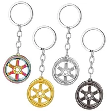 Tondiamo 4 Pcs Auto Parts Metal Key Chain Turbo Keychain Mini Wheel Hub 