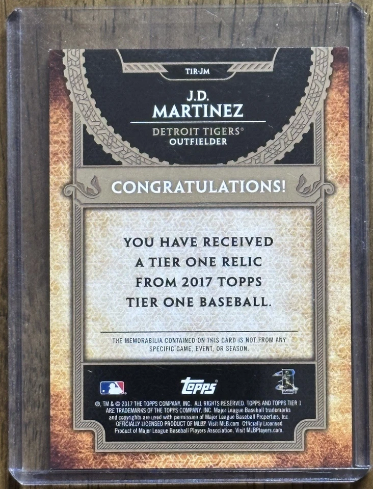 2017 Topps Tier One Relics JD Martinez Jersey Patch card #d 248/331 - Tigers - Image 2 of 2