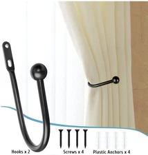 VRSS Black Wall Mount Curtain Drapery Pullback Hooks Simple Style Pack Of 2