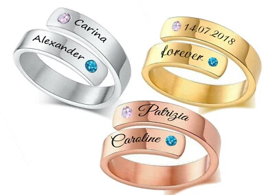 ID Edelstahl Ring mit Gravur nach Wunsch One Size in drei Farben mit Strassstein - Bild 1 von 4