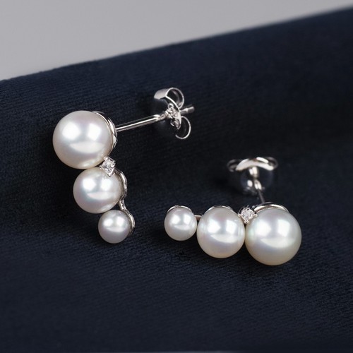 Baby Size Triple White Japanese Akoya Pearl Earrings 14k Solid White Gold - Picture 2 of 6