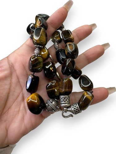 Heavy Sterling Silver Chunky Tigers Eye Necklace Hook Clasp 20” - Picture 8 of 8