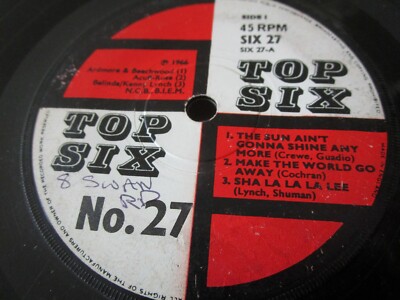 Top Six No. 27 Unknown Artists Label: Top Six SIX27 Mono 1966 Vinyl 7inch Single