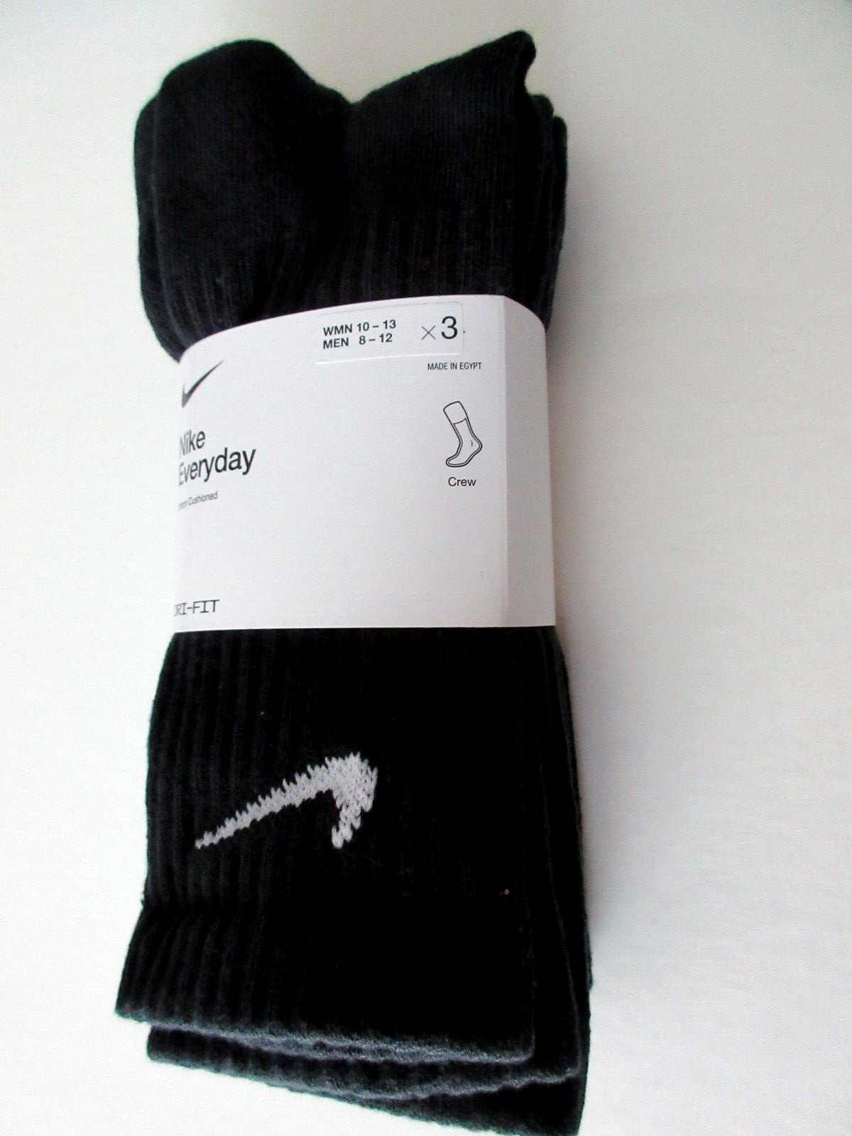 Nike CREW Socks 3-pack Dri Fit Cotton blend BLACK Men Size L 8-12/Women 10-13-image