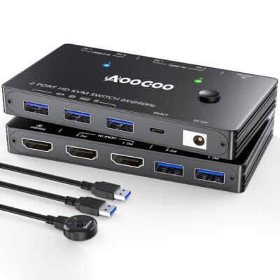 HDMI 2.1 KVM Switch 8K@60Hz USB 3.0 für 2 PC 1 Monitor mit Kabelfernbedienung