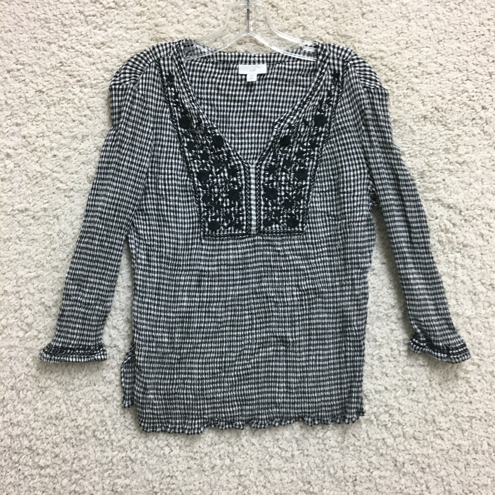 J Jill Top Medium Adult Petite Size Gray Blouse Plaid V Neck Long Sleeve Womens
