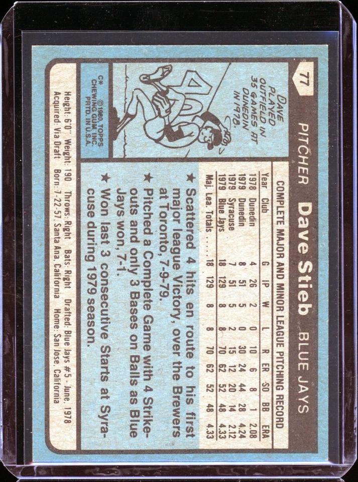 1980 Topps DAVE STIEB rookie RC blue jays - Image 2 of 2