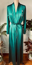 VTG 70'S FRENCH MAID GREEN NYLON WHT FLORAL EMPIRE WAIST NIGHTGOWN PEIGNOIR M/L