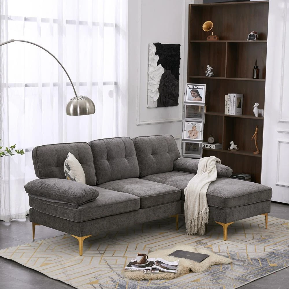 FCH 3 Seat Sectional Sofa Set Couch with Chaise Chenille Modern 5 Colors