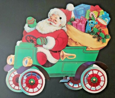 Vintage Santa driving vintage car with toys die cut double sided 12x10''