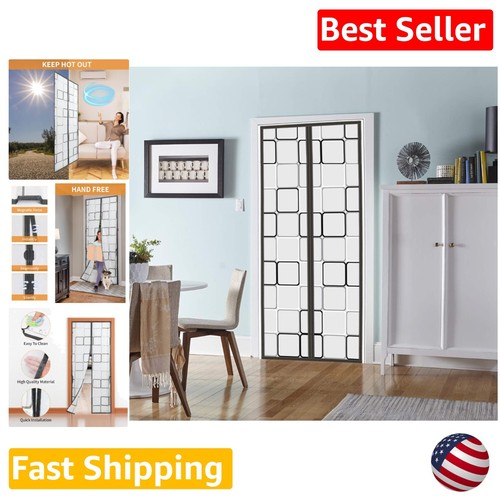 Self-Closing 32x80 inch Magnetic Thermal Door Cover - Grey Checks Pattern